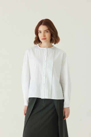 Nervürlü Düşük Kol Gömlek Beyaz - 1