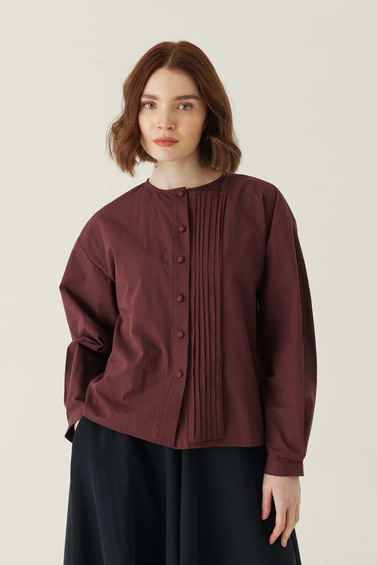 Nervürlü Düşük Kol Gömlek Bordo