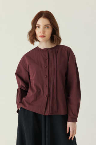 Nervürlü Düşük Kol Gömlek Bordo - 1