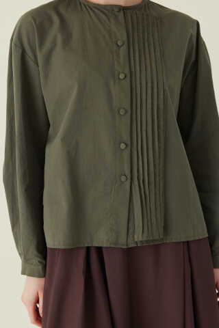 Nervürlü Düşük Kol Gömlek Haki - 2