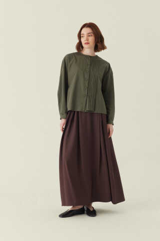 Nervürlü Düşük Kol Gömlek Haki - 4