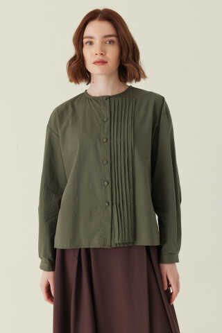 Nervürlü Düşük Kol Gömlek Haki - 5