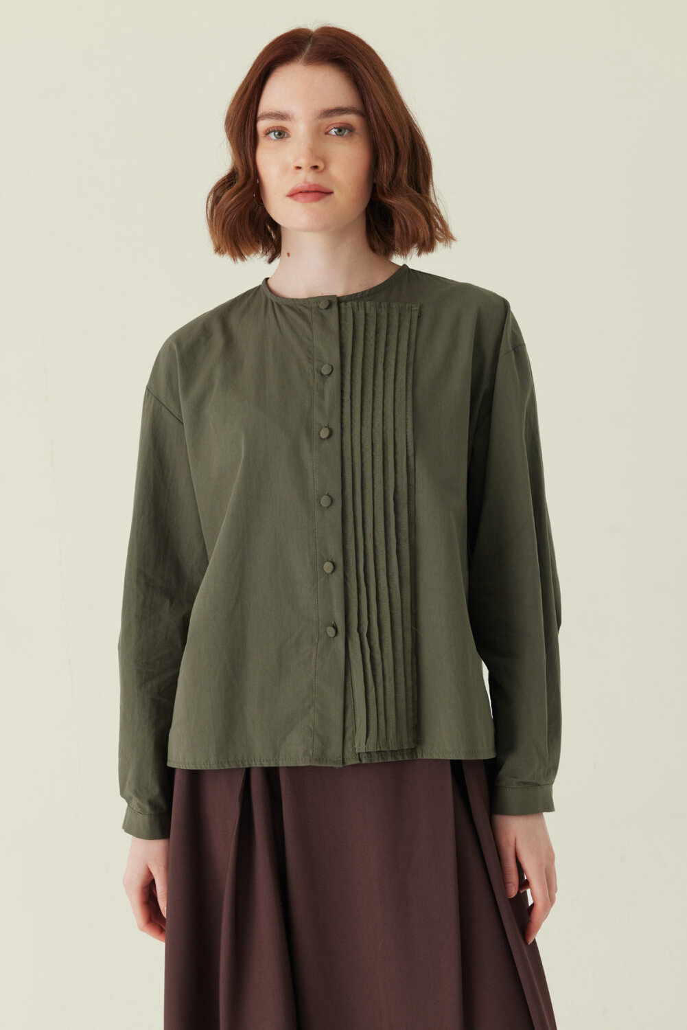 Nervürlü Düşük Kol Gömlek Haki - 5