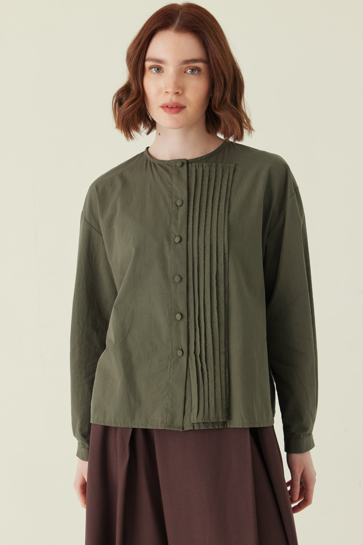 Nervürlü Düşük Kol Gömlek Haki