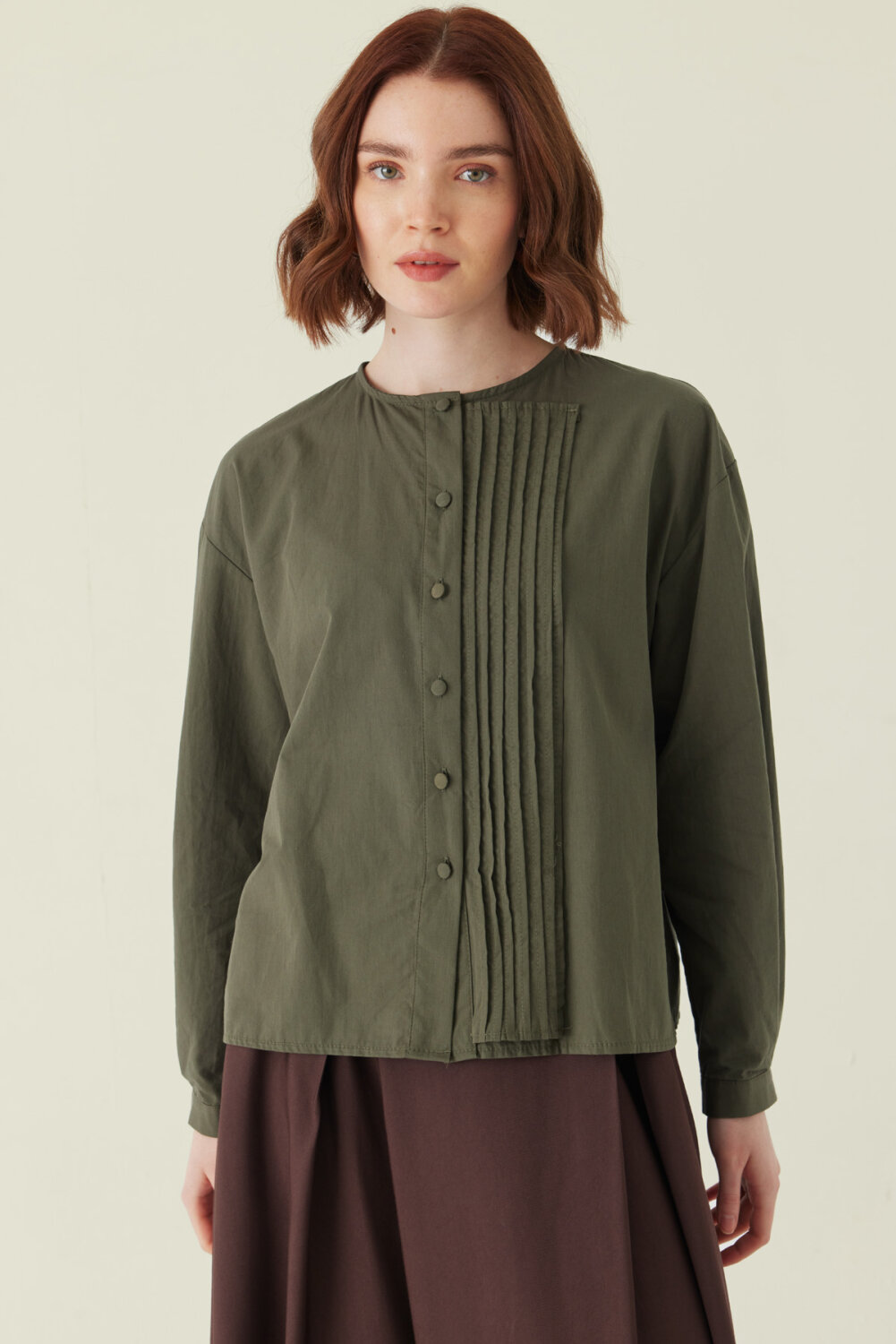 Nervürlü Düşük Kol Gömlek Haki 