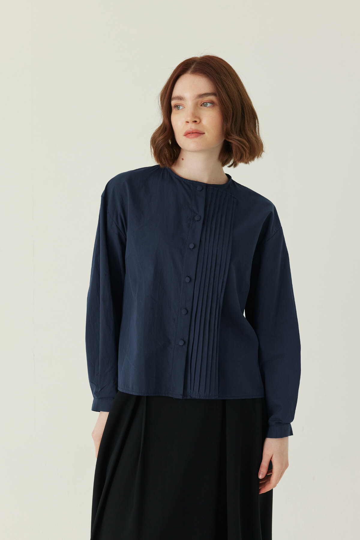 Nervürlü Düşük Kol Gömlek Lacivert