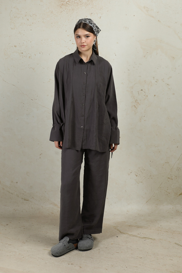 Nervürlü Gömlek Takım Füme 