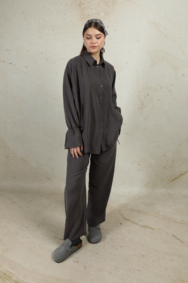 Nervürlü Gömlek Takım Füme - 3