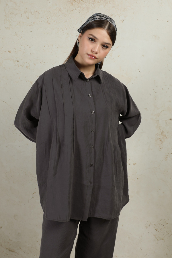 Nervürlü Gömlek Takım Füme - 2