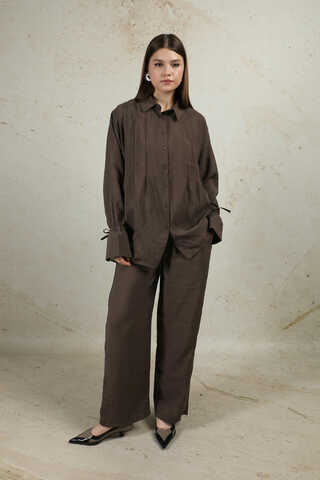 Nervürlü Gömlek Takım Kahverengi - 1