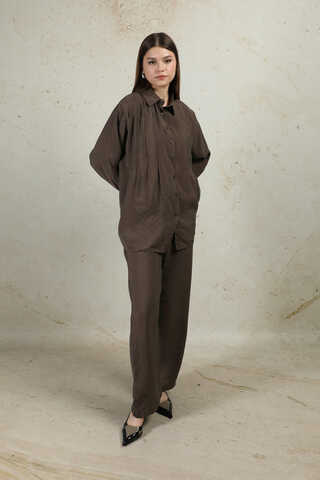 Nervürlü Gömlek Takım Kahverengi - 5