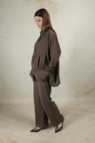 Nervürlü Gömlek Takım Kahverengi - 6