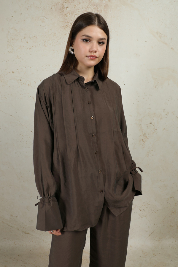 Nervürlü Gömlek Takım Kahverengi - 2