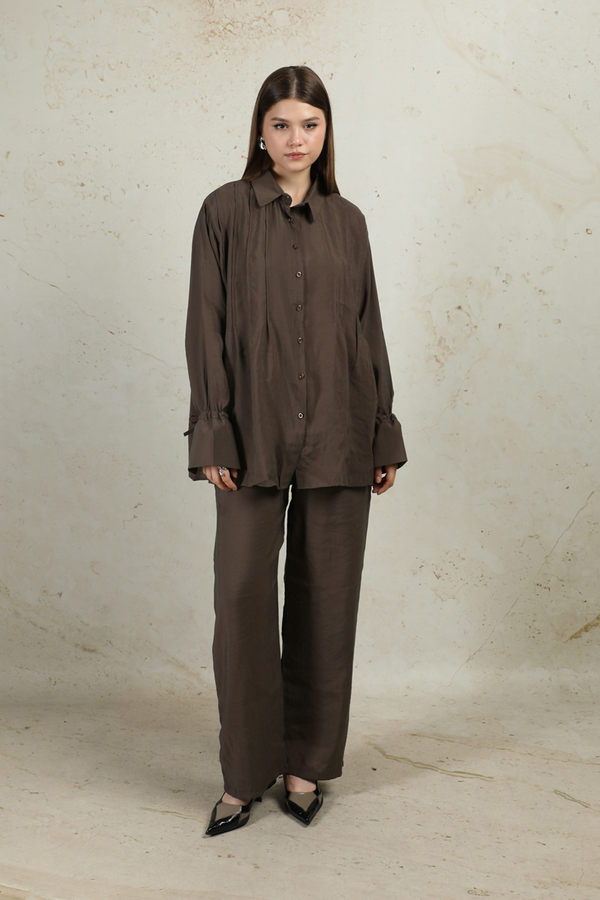 Nervürlü Gömlek Takım Kahverengi - 3