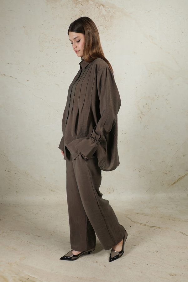 Nervürlü Gömlek Takım Kahverengi - 6