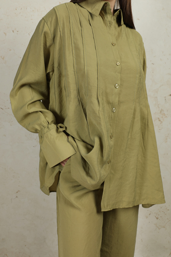 Nervürlü Gömlek Takım Yağ Yeşili - 1