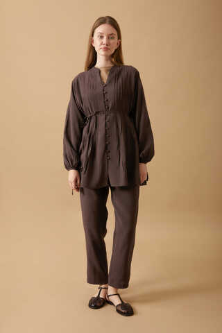 Nervürlü Pantolon Takım Kahverengi - 4