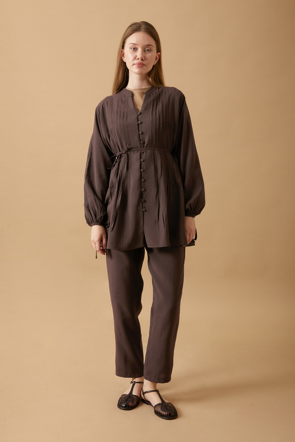 Nervürlü Pantolon Takım Kahverengi - 4