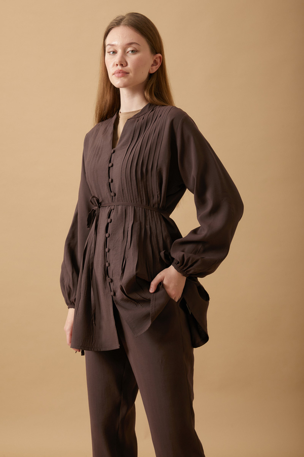 Nervürlü Pantolon Takım Kahverengi - 5