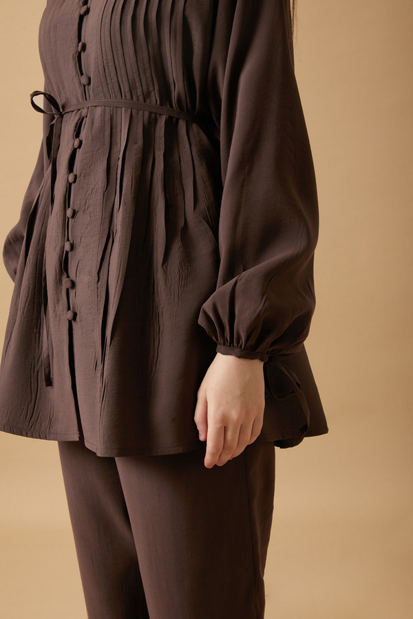 Nervürlü Pantolon Takım Kahverengi - 7