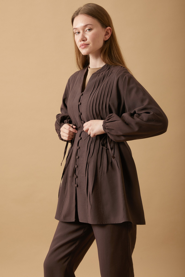 Nervürlü Pantolon Takım Kahverengi - 3