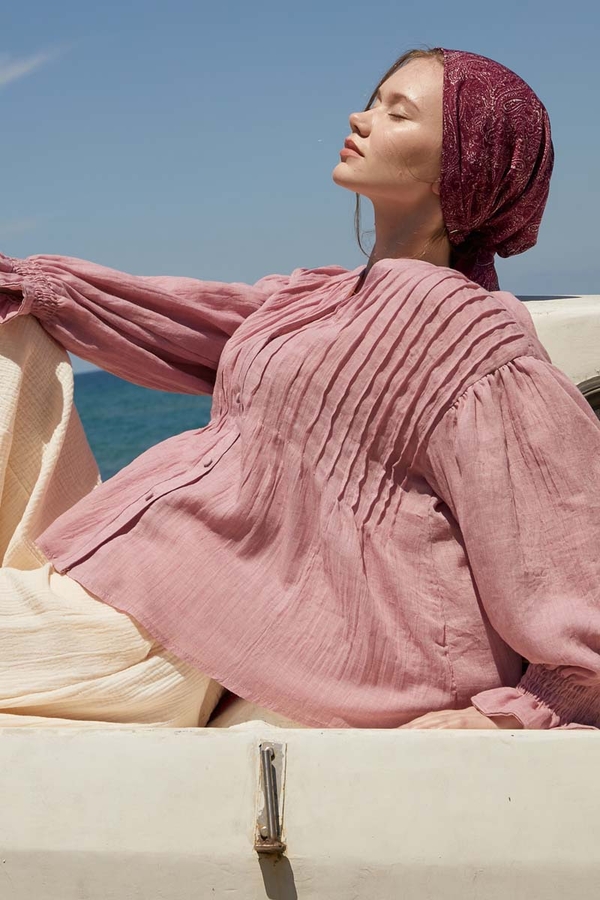 Nervürlü Vual Gömlek Pudra - 4