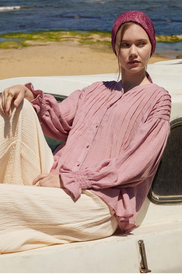 Nervürlü Vual Gömlek Pudra - 2