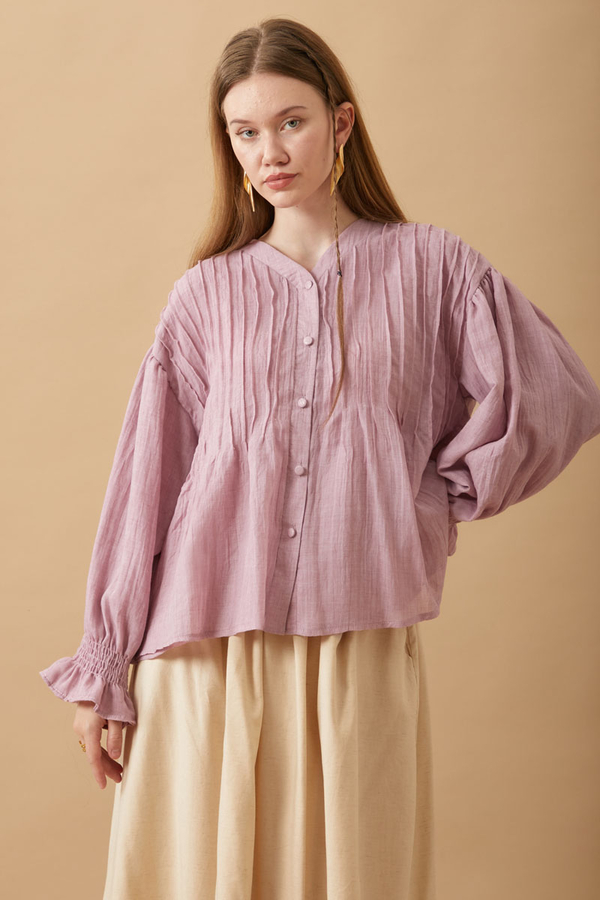 Nervürlü Vual Gömlek Pudra - 11