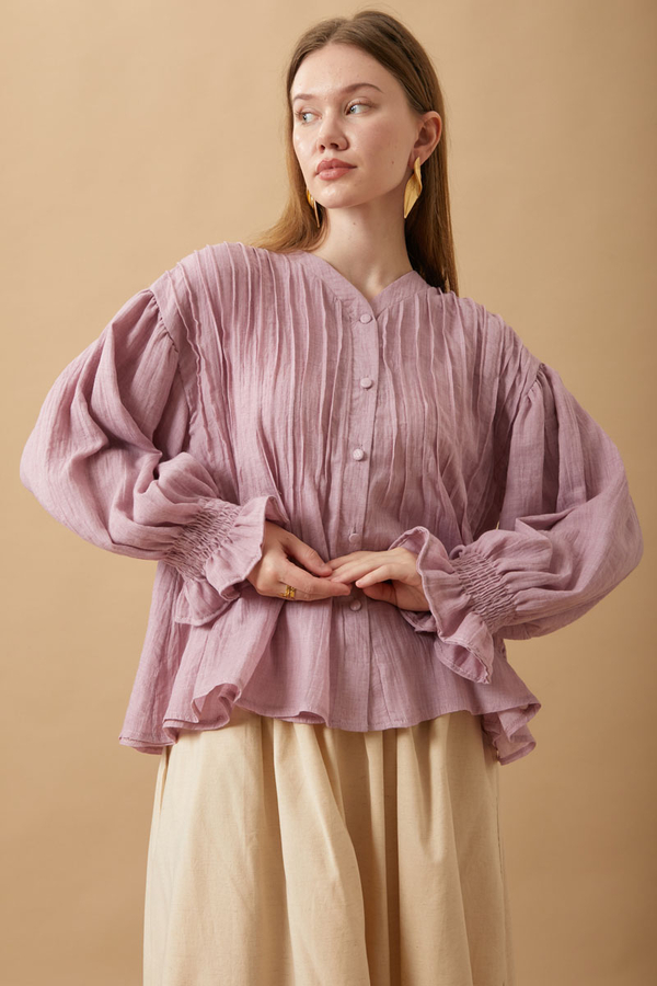 Nervürlü Vual Gömlek Pudra - 17