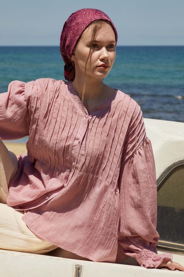 Nervürlü Vual Gömlek Pudra - 8