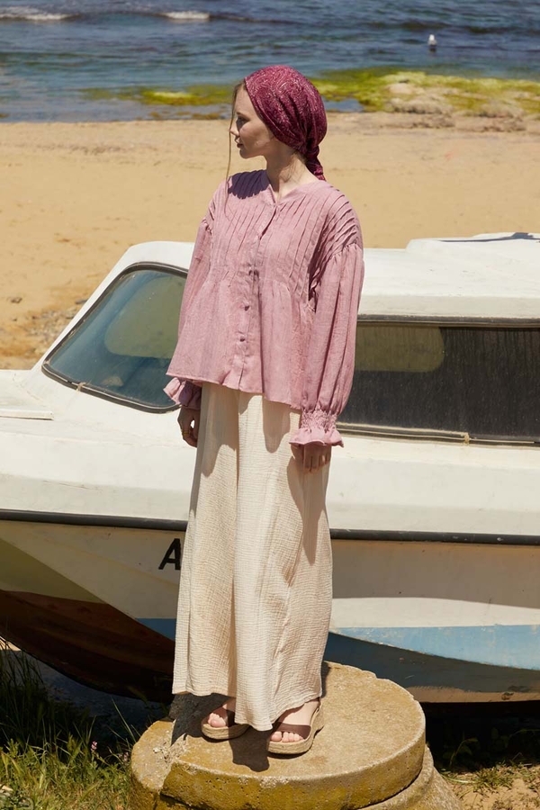 Nervürlü Vual Gömlek Pudra - 3