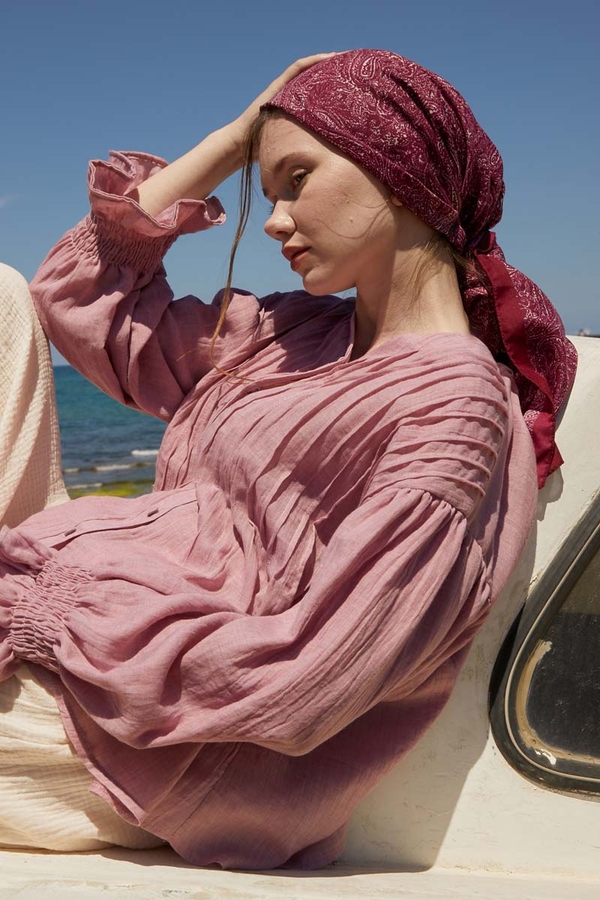 Nervürlü Vual Gömlek Pudra - 6