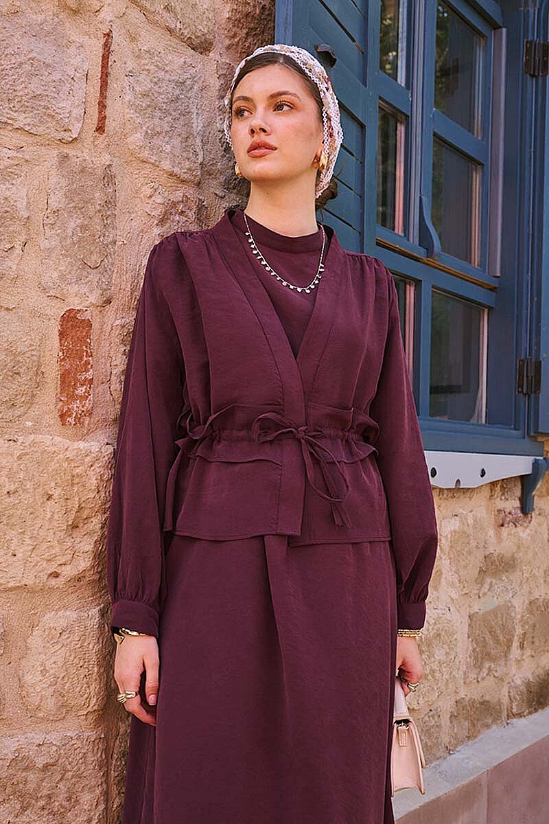 Omuz Büzgülü Modal Takım Bordo - 2