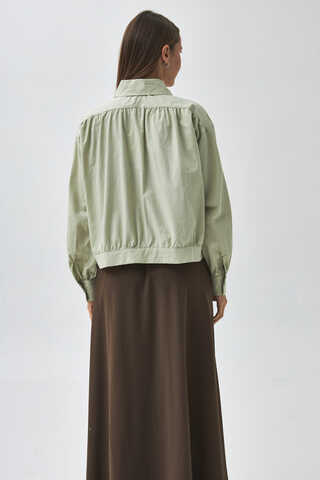Omuzdan Büzgülü Poplin Gömlek Açık Yeşil - 12