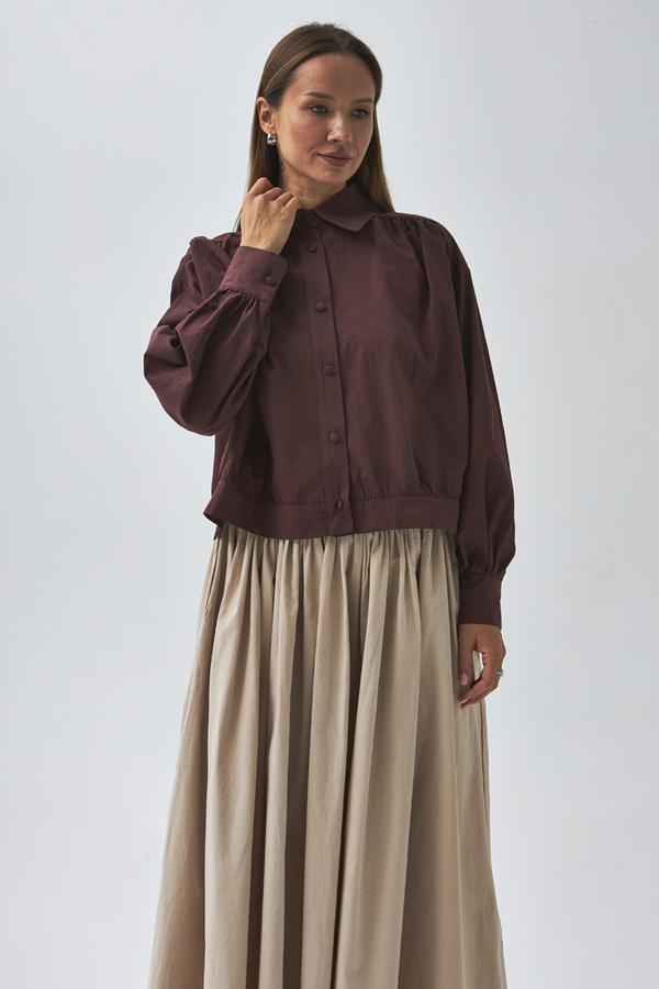 Omuzdan Büzgülü Poplin Gömlek Bordo - 2