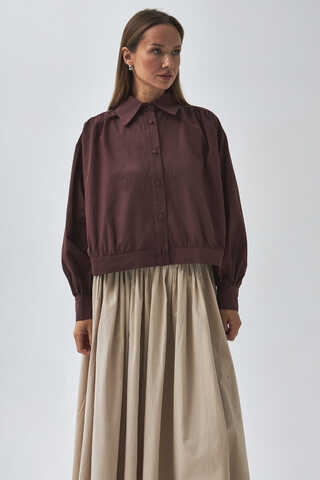 Omuzdan Büzgülü Poplin Gömlek Bordo - 7