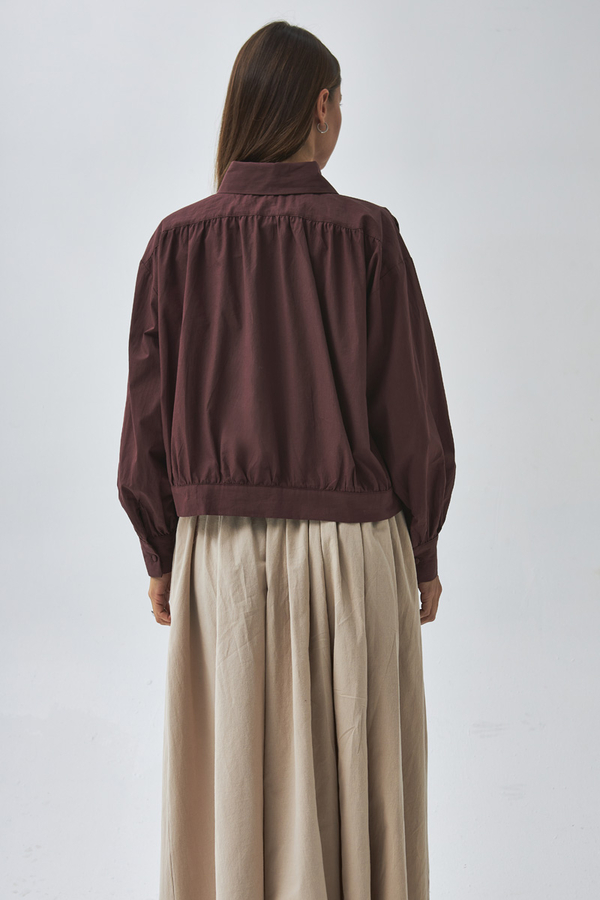 Omuzdan Büzgülü Poplin Gömlek Bordo - 8