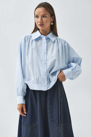 Omuzdan Büzgülü Poplin Gömlek Buz Mavisi - 5