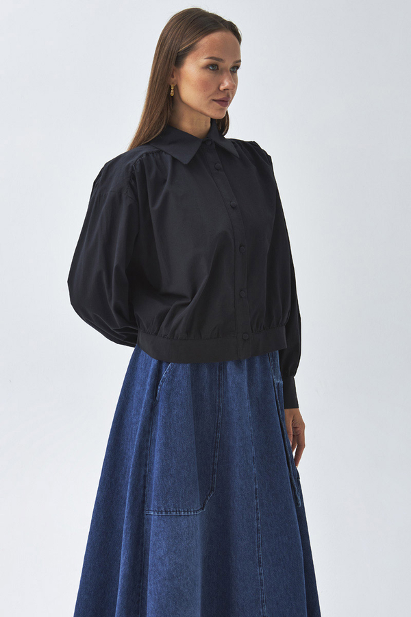 Omuzdan Büzgülü Poplin Gömlek Siyah (1)