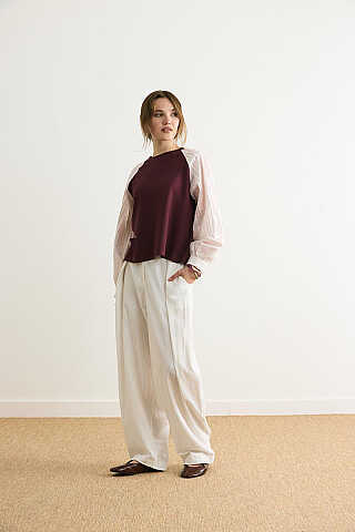 Poplin Kol Detaylı Bluz Bordo - 1