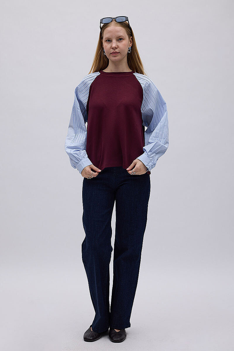 Poplin Kol Detaylı Bluz Bordo Mavi