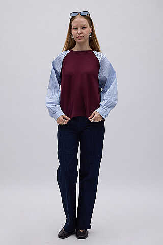 Poplin Kol Detaylı Bluz Bordo Mavi - 1