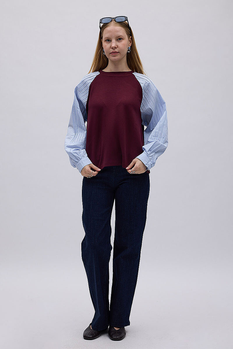 Poplin Kol Detaylı Bluz Bordo Mavi - 1