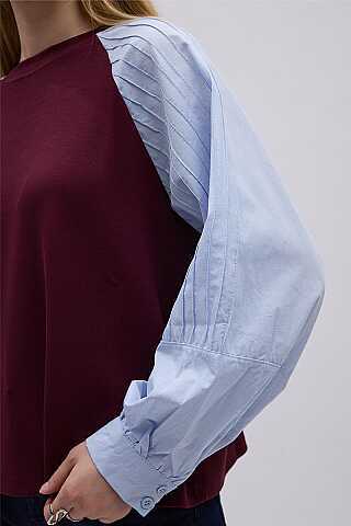Poplin Kol Detaylı Bluz Bordo Mavi - 4