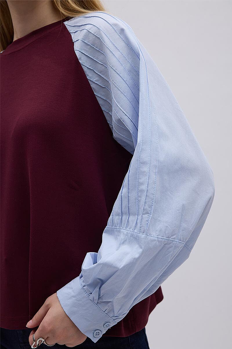 Poplin Kol Detaylı Bluz Bordo Mavi - 4