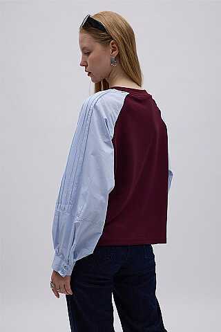 Poplin Kol Detaylı Bluz Bordo Mavi - 2