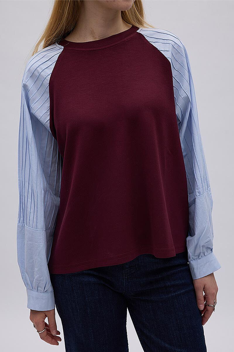 Poplin Kol Detaylı Bluz Bordo Mavi - 3