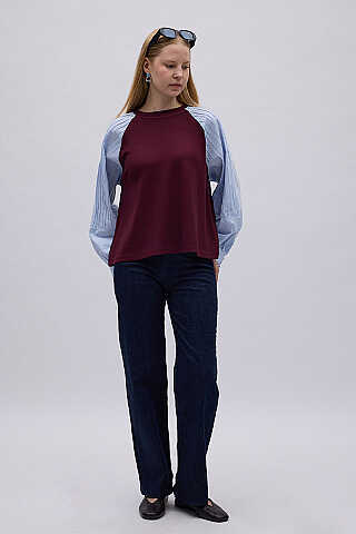Poplin Kol Detaylı Bluz Bordo Mavi - 5