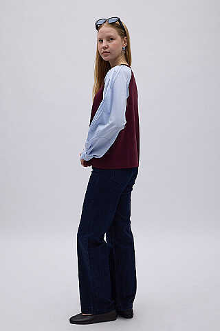 Poplin Kol Detaylı Bluz Bordo Mavi - 6