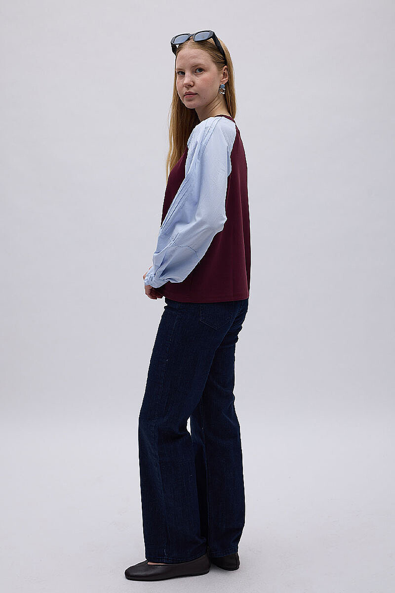 Poplin Kol Detaylı Bluz Bordo Mavi - 6